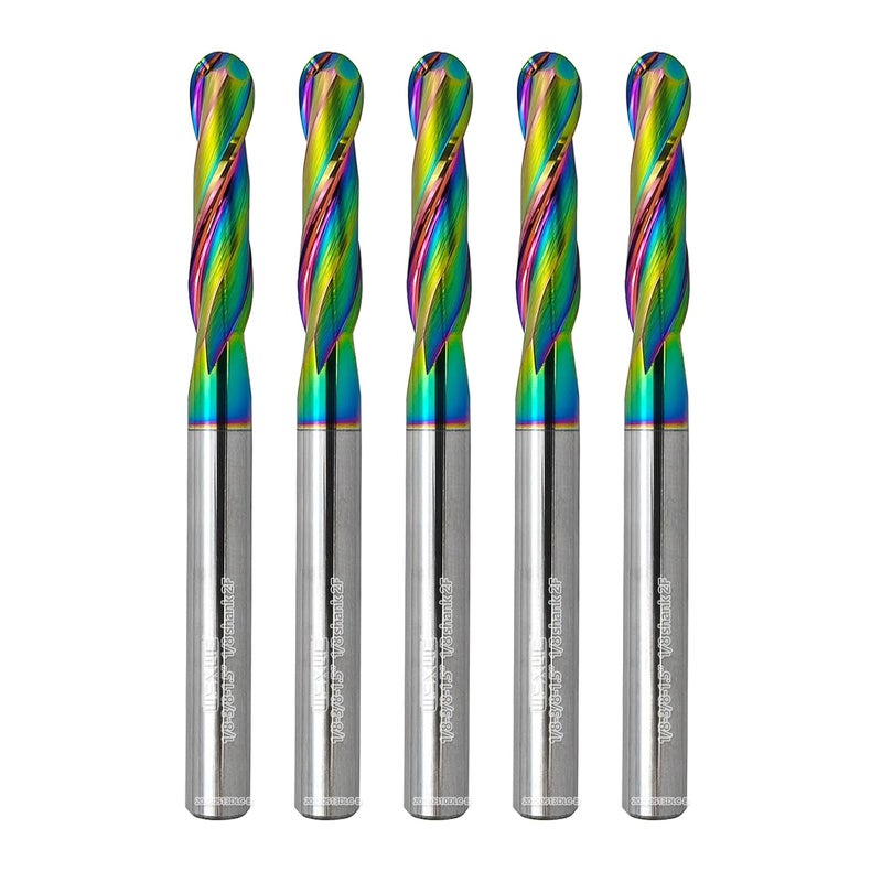 WEXWE Store Tools Ball Nose Carbide End Mill, DLC Coating, CNC Cutting Tools for Aluminum and Wood Cutting, 3D Carving & Engraving. 2 Flute Router Bits，1/8 Shank (1/8-1." 5pcs - Image 1